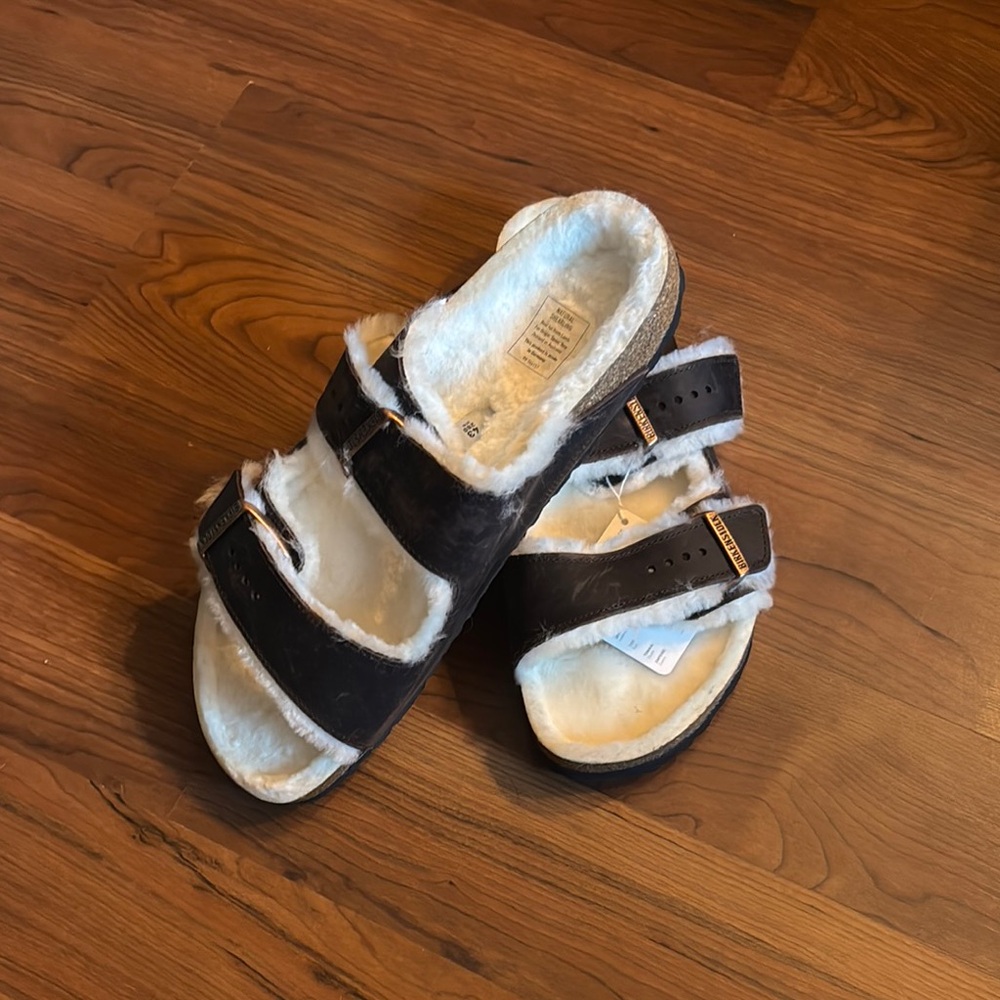 Birkenstock Black and Cream Shearling Sandals